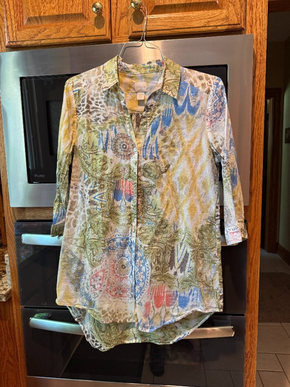 Chico's Cotton Print 3/4 Sleeve Button Down Tunic/Blouse Lightweight 2/12/L